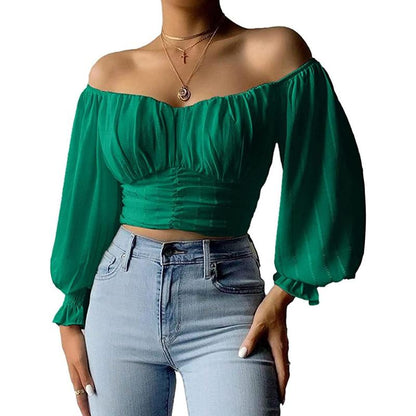 Fisoew Womens Elegant off the Shoulder Puff Sleeve Blouse Summer Chiffon Slim Fit Party Crop Top