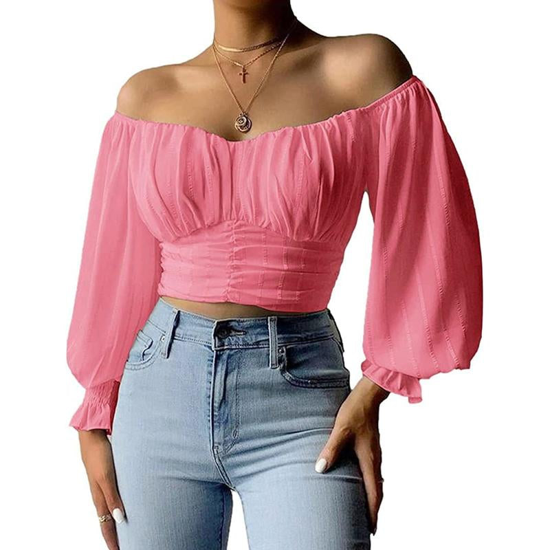 Fisoew Womens Elegant off the Shoulder Puff Sleeve Blouse Summer Chiffon Slim Fit Party Crop Top