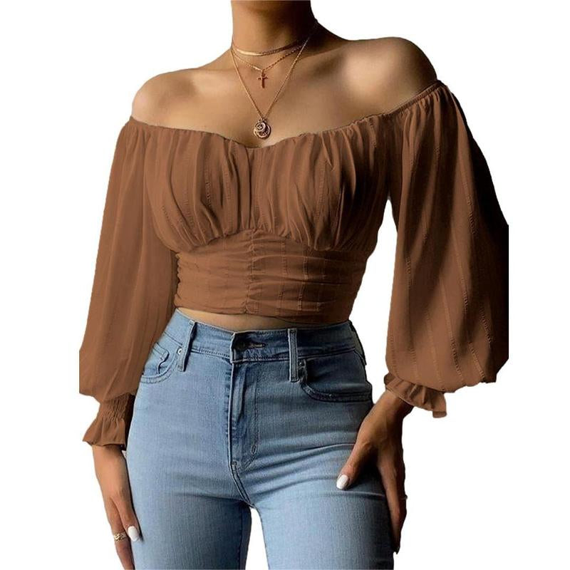 Fisoew Womens Elegant off the Shoulder Puff Sleeve Blouse Summer Chiffon Slim Fit Party Crop Top