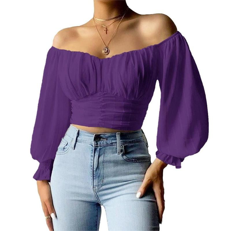 Fisoew Womens Elegant off the Shoulder Puff Sleeve Blouse Summer Chiffon Slim Fit Party Crop Top