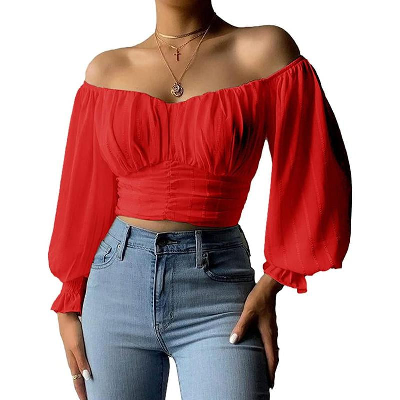 Fisoew Womens Elegant off the Shoulder Puff Sleeve Blouse Summer Chiffon Slim Fit Party Crop Top