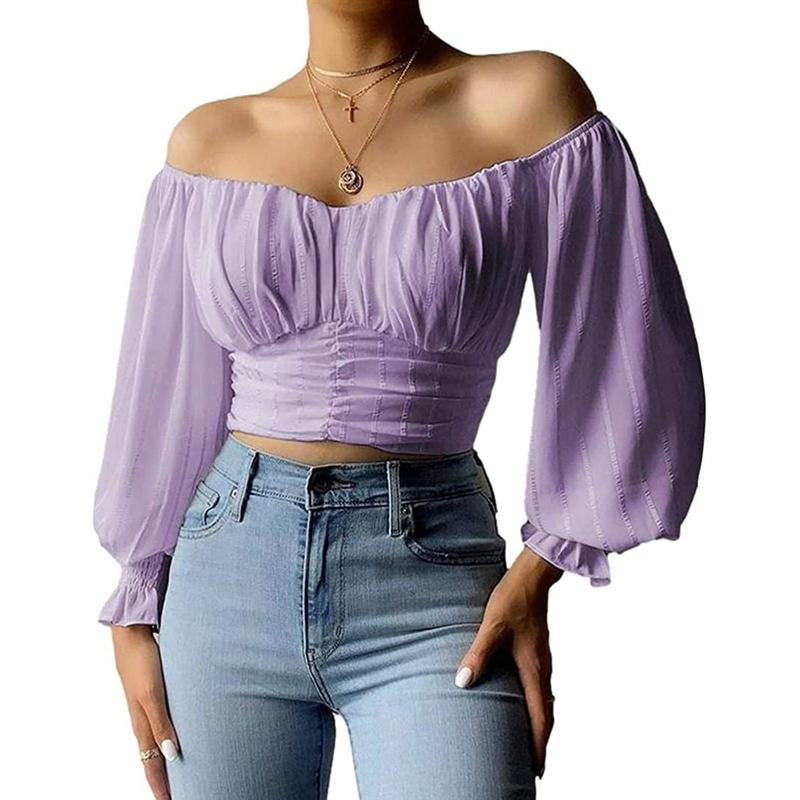 Fisoew Womens Elegant off the Shoulder Puff Sleeve Blouse Summer Chiffon Slim Fit Party Crop Top